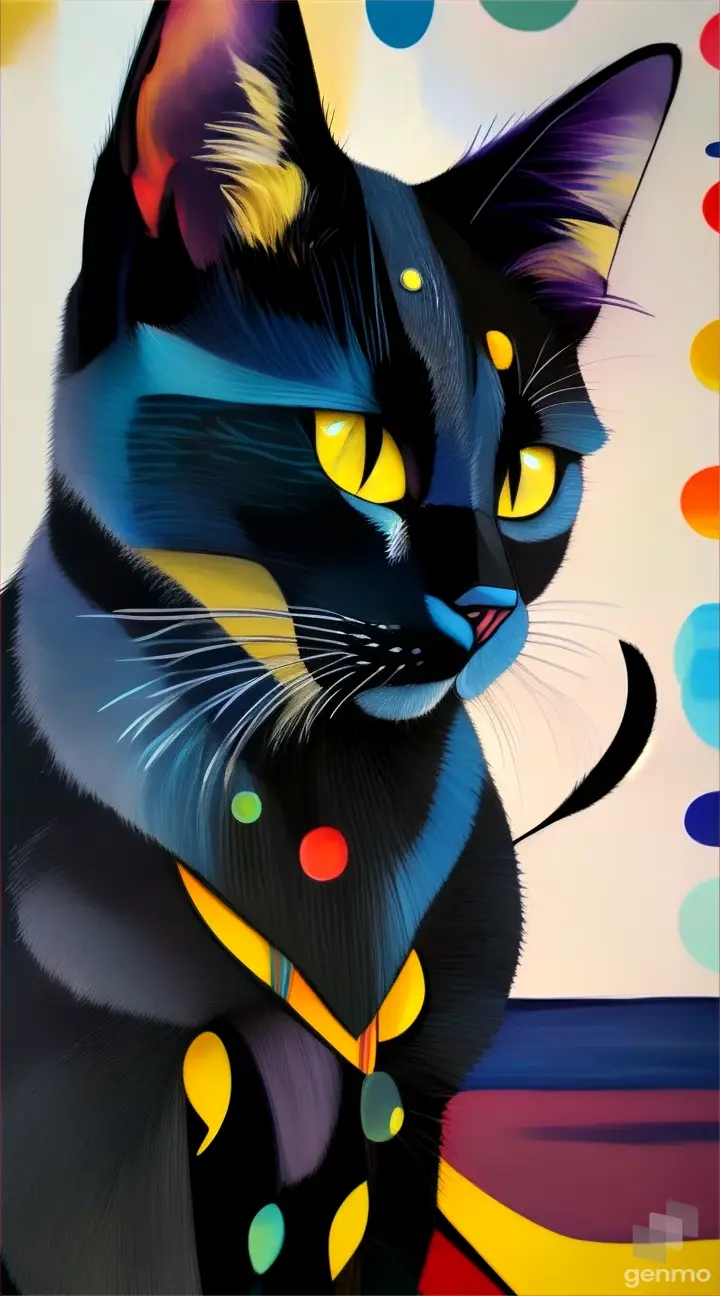 a painting of a black cat with yellow eyes