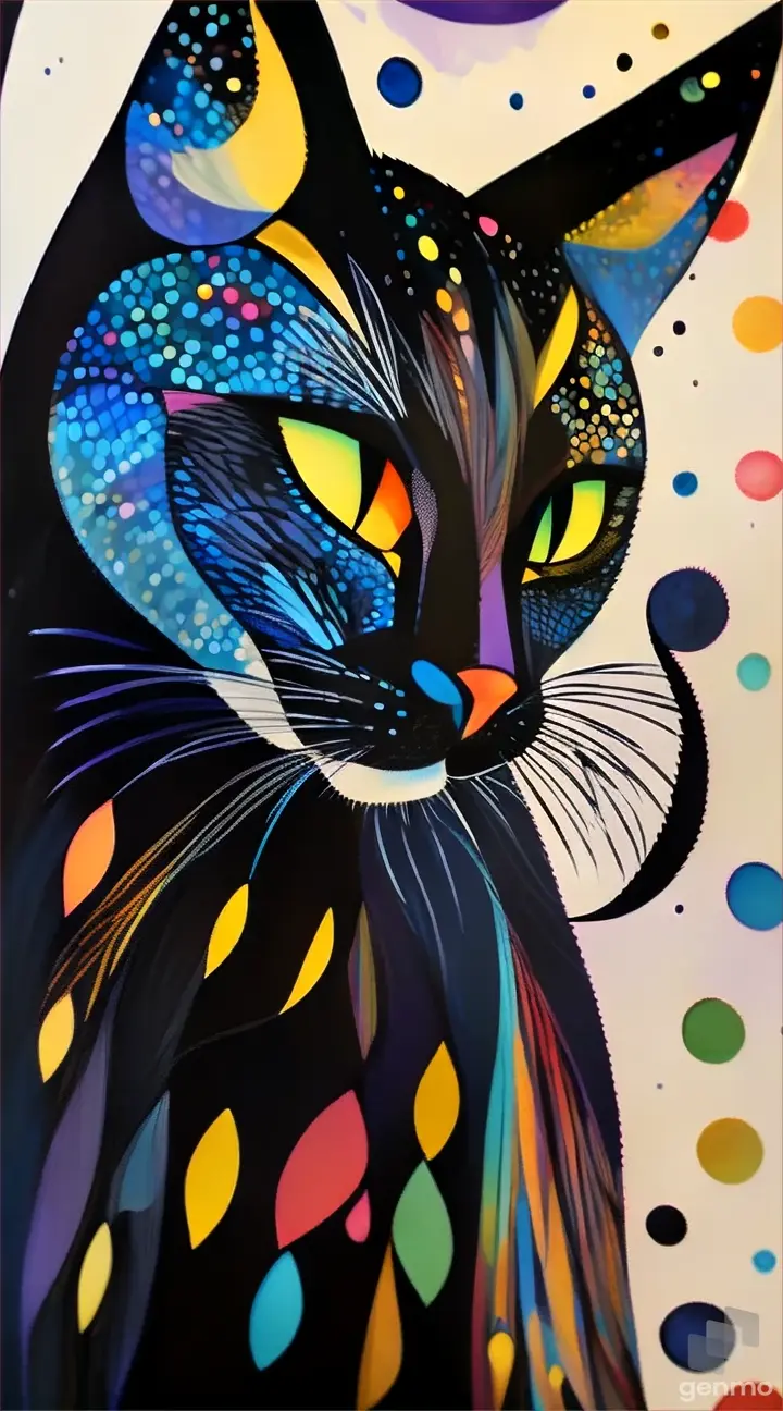 a painting of a black cat with yellow eyes