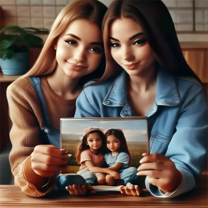 One of the two women friends looks nostalgically at a photo of them when they were children, reflecting on the good times they spent together.