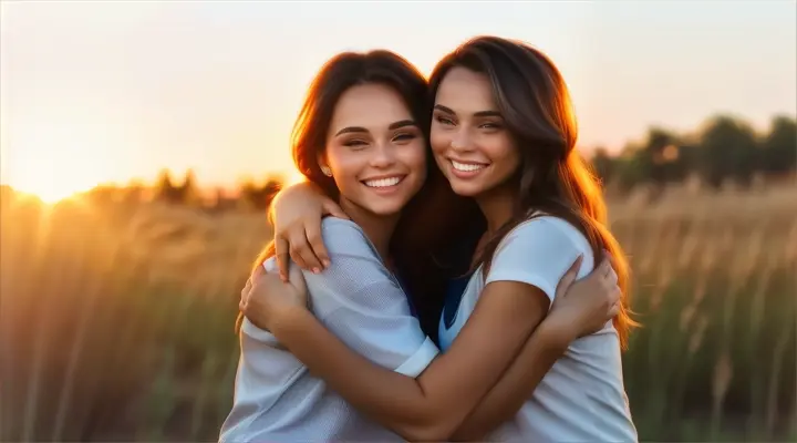 two female friends embrace each other affectionately at sunset, while the camera slowly moves away, symbolizing their eternal bond and the strength of their friendship.