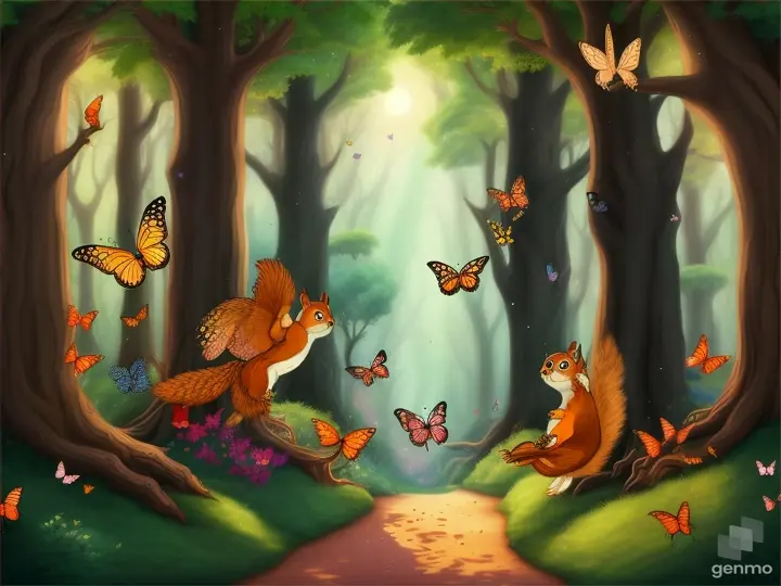 Squirrels performed acrobatic feats, butterflies added a touch of grace to the scene, and even a wise old owl hooted in approval from his perch high above.. cartoon illustration.