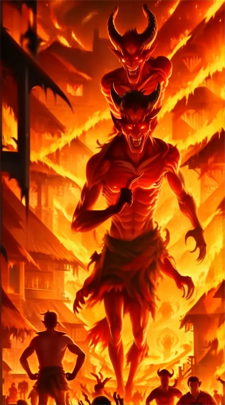 a movie poster with a demon running through a fire