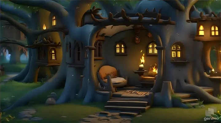 a tree house with a lit candle inside of it