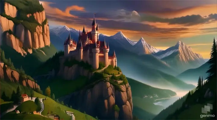 a painting of a castle in the mountains