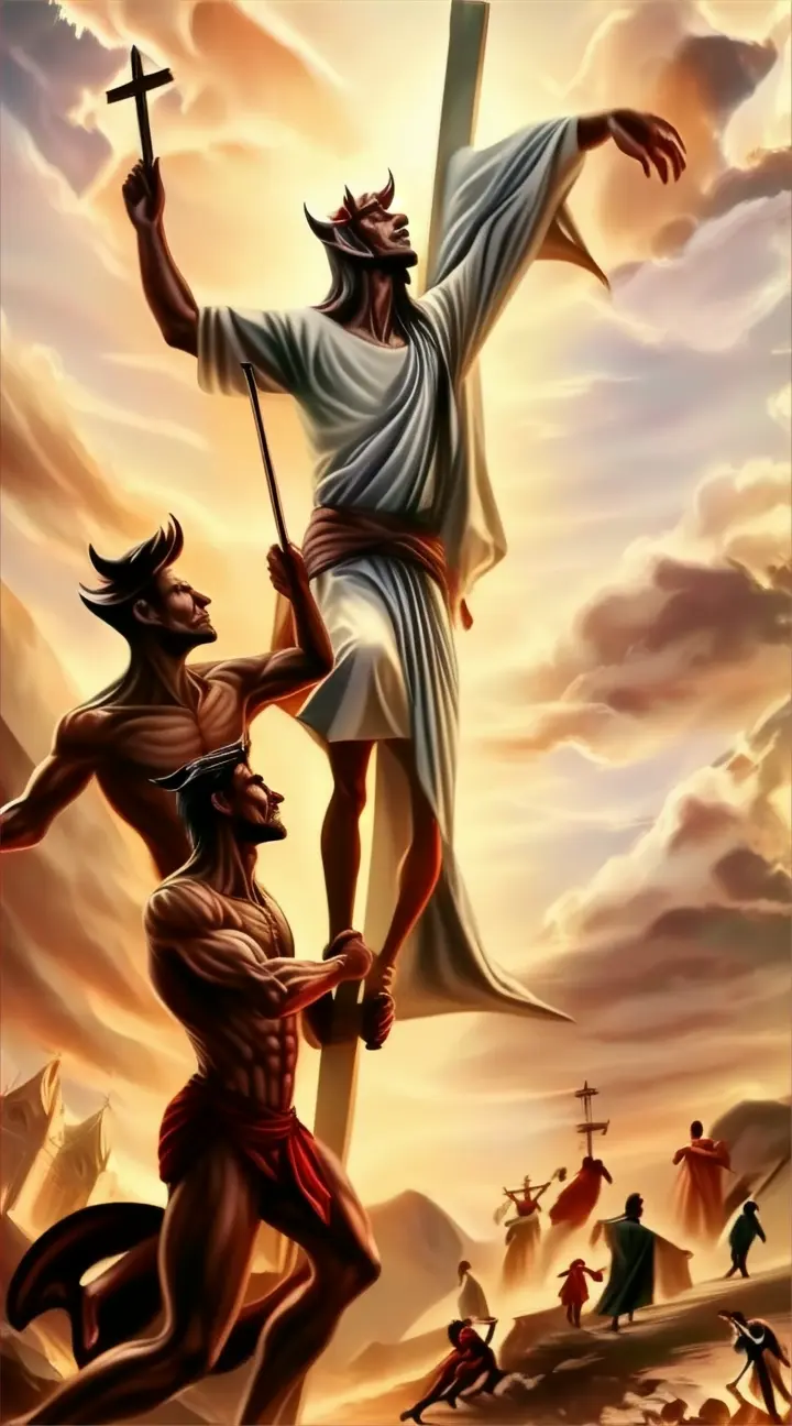 a painting of god carrying the cross and demon