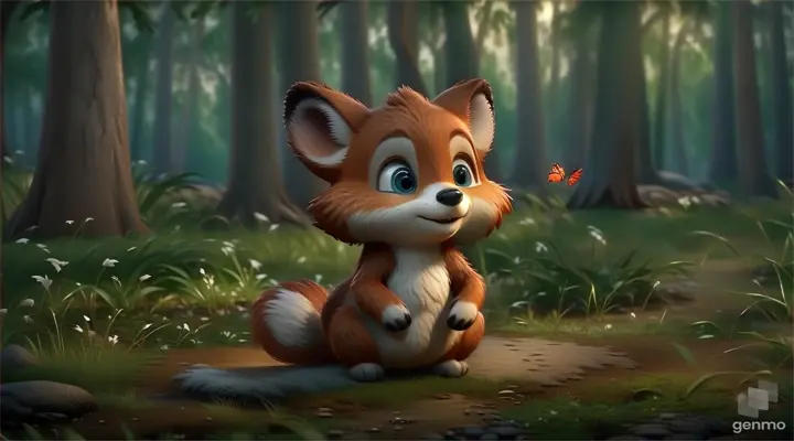 a little fox sitting in the middle of a forest