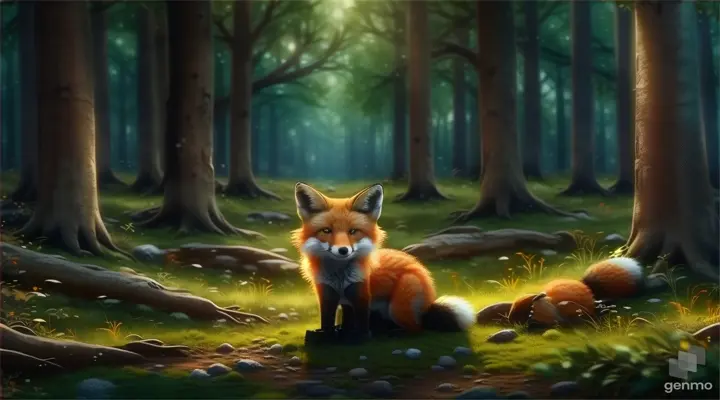 a red fox sitting in the middle of a forest