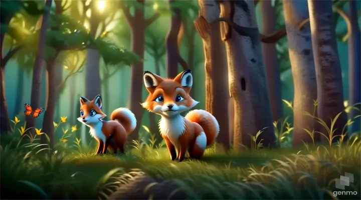 a cute little fox standing in the middle of a forest