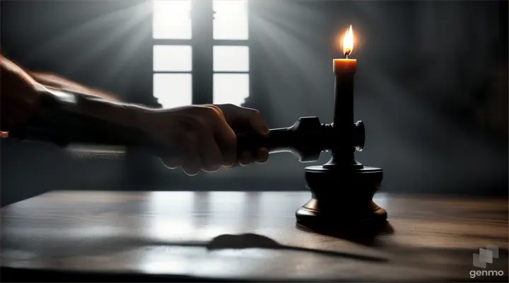 silhouette of hand grabbing a large hammer from a wooden table, a candle on the table