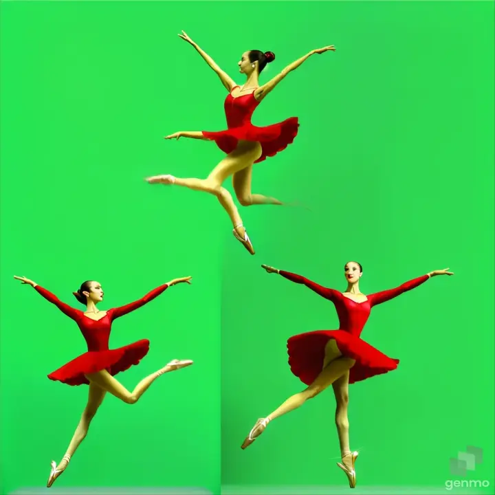 .








 beautiful young ballerina with a thin graceful body.  in a short light red suit on pointe shoes in the role of the Spanish Carmen jumps in the splits at full height.
  arms raised and crossed above the head.
 long shot.
 3/4 front view.
 photorealism.
 4K quality.  green chromakey.