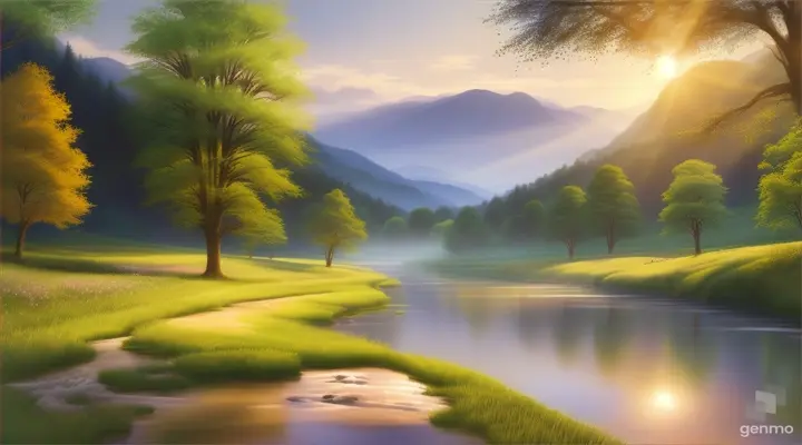 In a tranquil valley, a river flowed peacefully, singing a beautiful melody.