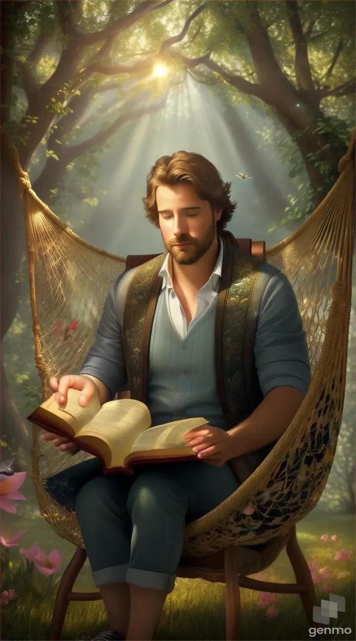 Whimsical birds perching around a hammock amidst a magical forest, leaves and flowers glowing in the sunlight. A man seating on chair and reading Bible. 