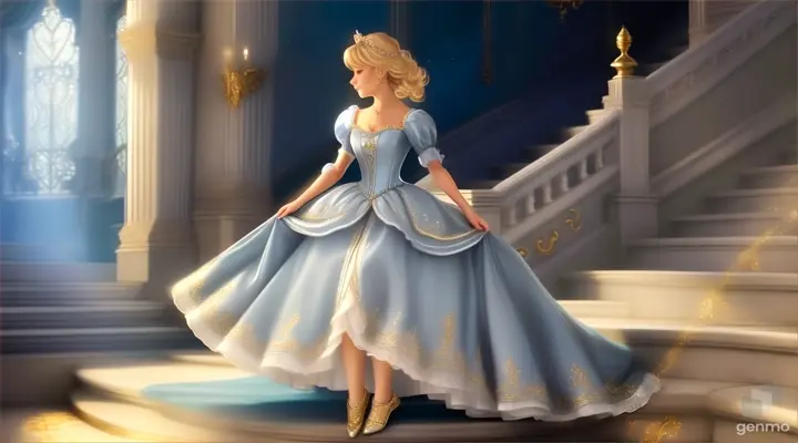a princess Cinderella with large glowing grey eyes or light gold hair in a dress is running on a staircase