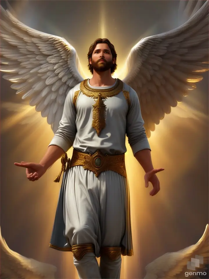 Jacob, a sturdy man of Jewish decent with a determined expression, stands ON ONE END WHILE the archangel Gabriel ON THE OTHER END. The angel, GLOWING FACE majestic and radiant, CLOTHED WITH WINGS OF GLORY BRIGHT SHINNING towers over Jacob, emanating a divine presence.