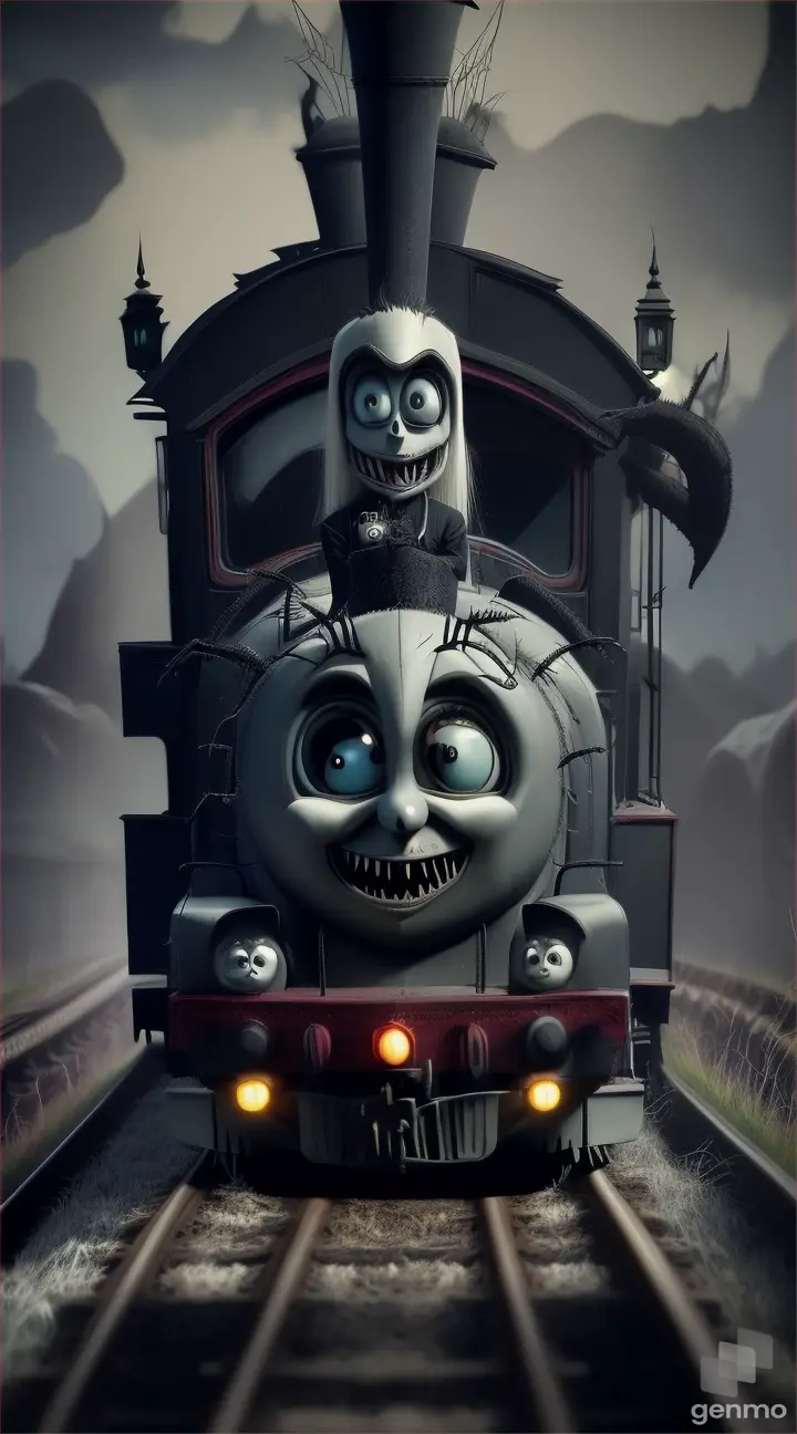 create a masterpiece video of a cartoon THOMAS THE (TRAIN) with spider legs and big HORNS, creepy eyes, sharp teeth, white long hair on train face, monster train