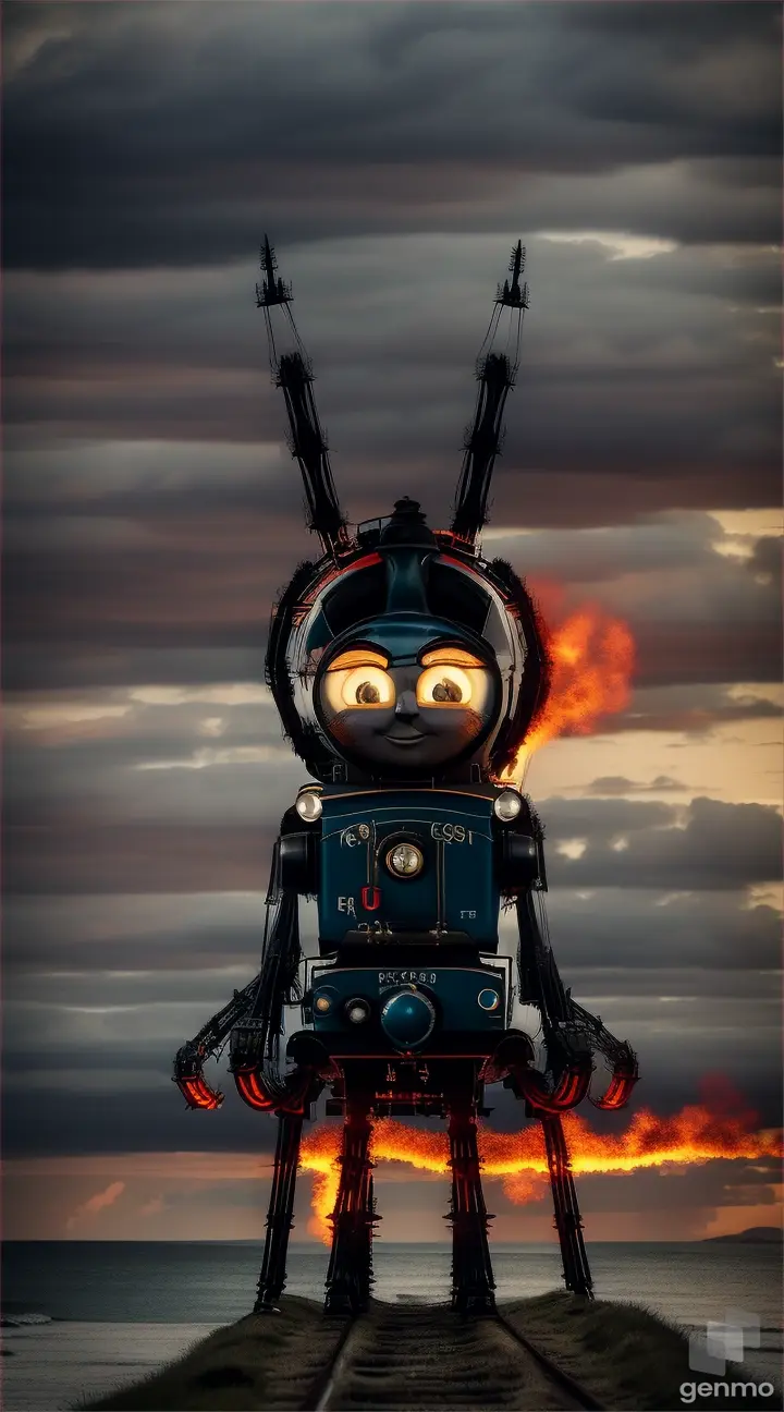 create a masterpiece video of a  Creepy Thomas the train with giant spider legs near sea, flames, long hair on Thomas the train