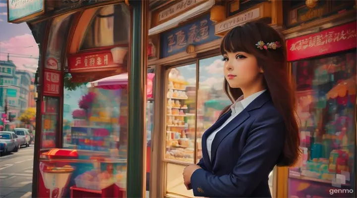 A beautiful girl stands in front of the mirror at the corner of a shop, putting on her suit. The vibrant cityscape behind her is a perfect backdrop. The Studio Ghibli style adds a whimsical touch to the image, size 1280x720