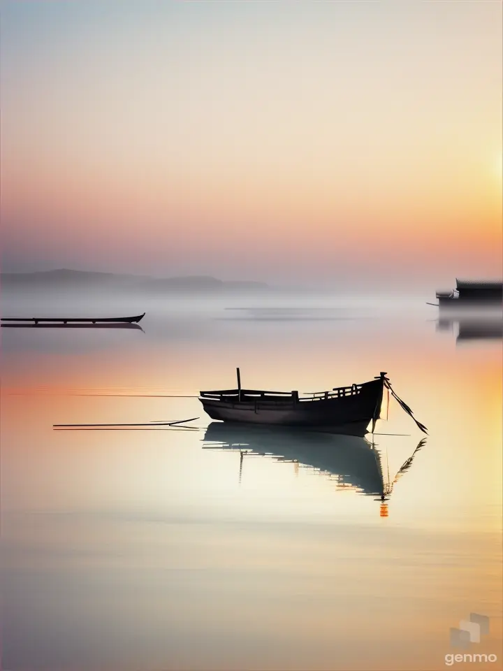 A simple, abstract ink wash of a lone boat on a still river at sunrise in Chinese watercolor style