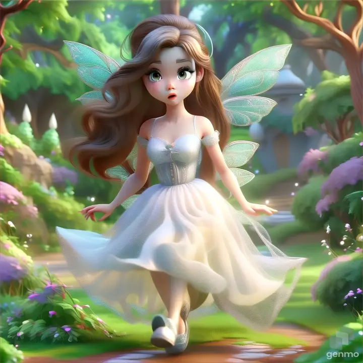  a   beautiful  fairy white  dress, long hair   wearing a silver shoes   in garden looking  surprised 3D animation cartoon  indian stye 