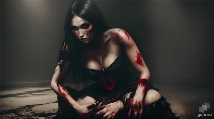 In the dark, Beaten and bloody, chained witch Megan Fox (red hair, bruises on her face and body, half-naked, torn black dress), sits on her knees in the dark and gloomy torture chamber of the Inquisition, drenched in blood. Hyperrealism, horror about the Inquisition and witches.х