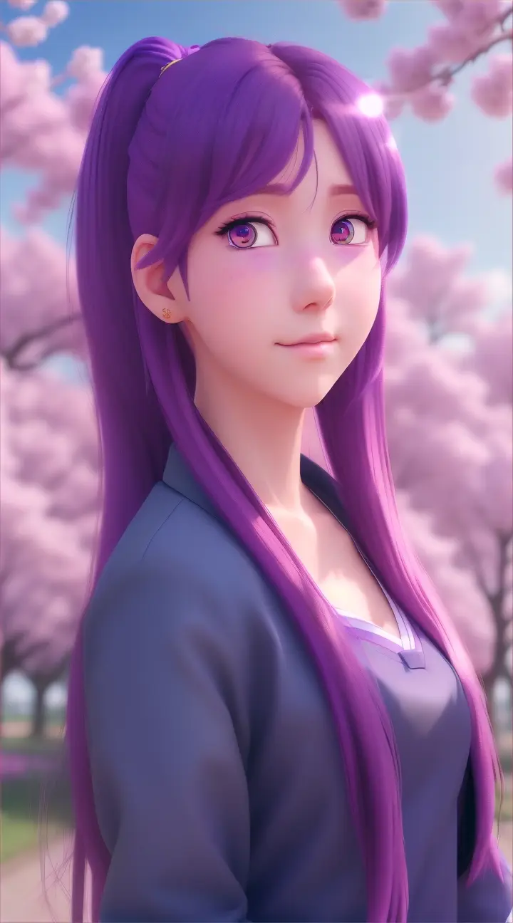 “Beautiful Anime girl with purple hair with school uniform, closed up, Sakura in the background”