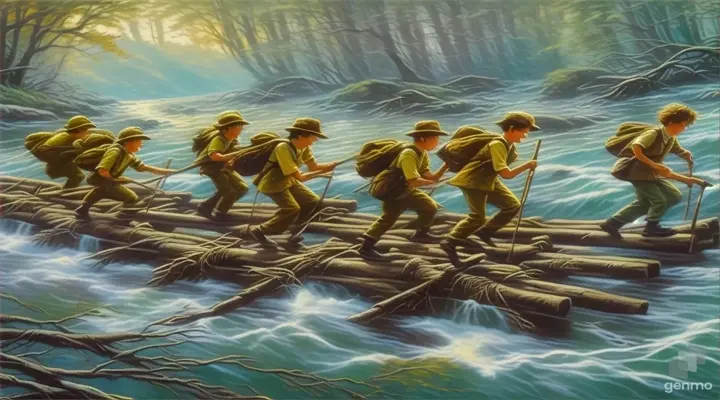 a painting of a group of people crossing a river