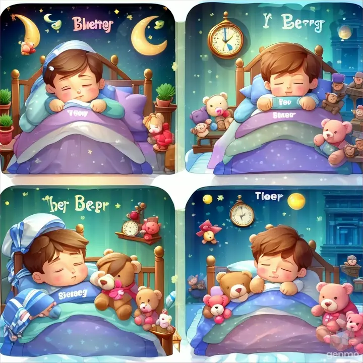 a boy sleeping in bed with his teddy bears...............................................
