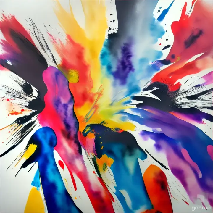 An abstract watercolor piece with a bright rocket explosion creating a colorful splash