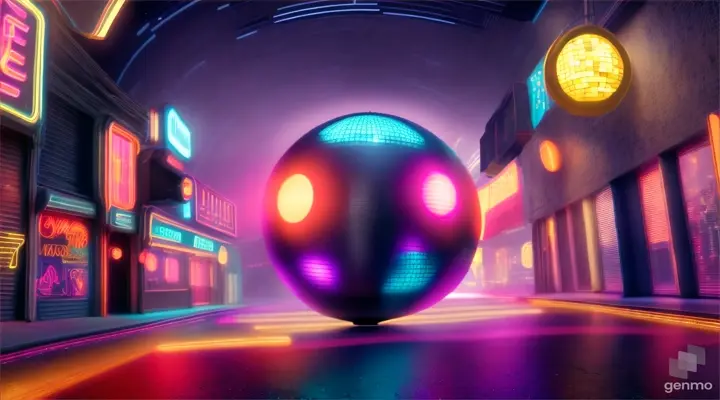 Disco ball shining its light on a deserted city street, casting a vibrant display of colors and patterns