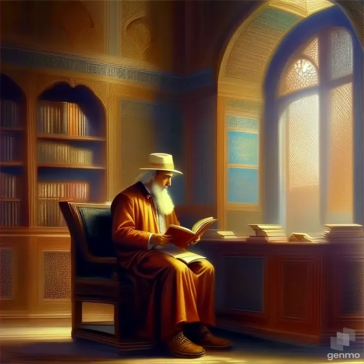 a painting of a man reading a book in a library