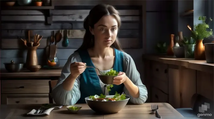 a woman sitting at a table eating a salad