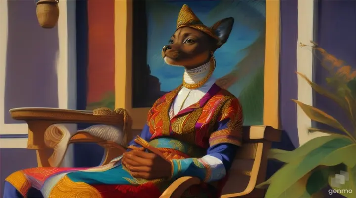 A realistic painting of an African Jenny feeling good in her house