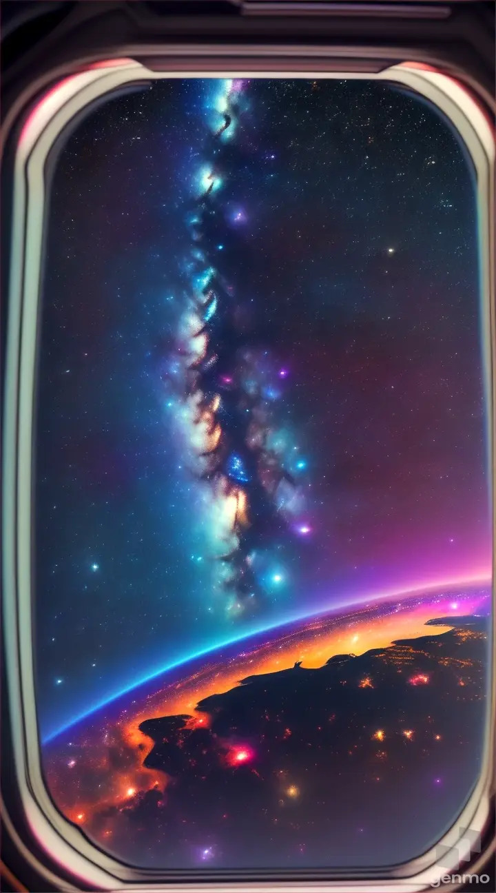 Spectacular galaxy view from a space station window, vibrant cosmic colors