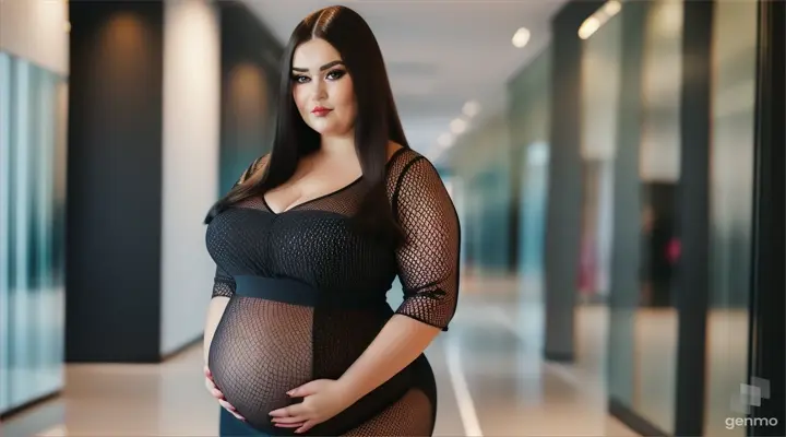 beautiful pragnent Russian woman plus size stylish summer sharp colours suit black Transparent fishnet dress try on haul long hair focus at the camera of a clothes store with pews and checkered floor