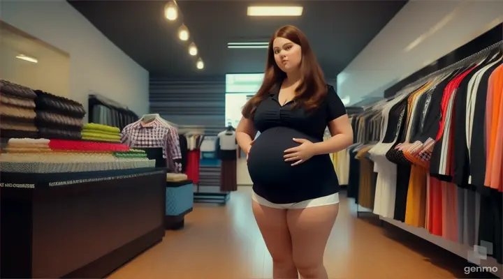 beautiful pragnent Russian woman plus size stylish summer sharp colours suit black inner shirt cotton top with matching shorts long hair focus at the camera of a clothes store with pews and checkered floor