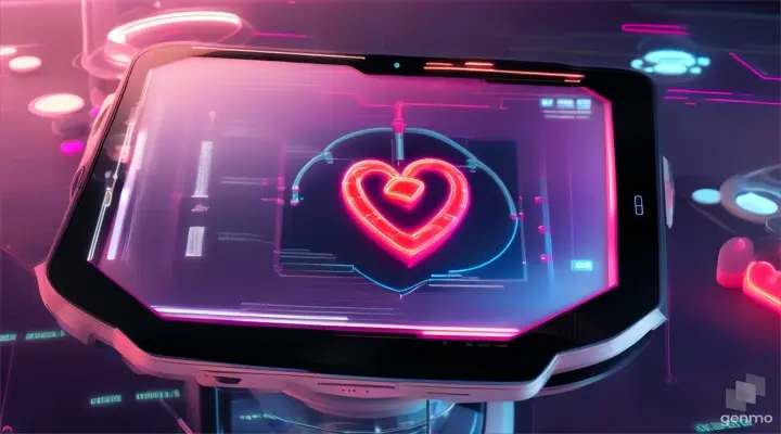 Digital representation of a human heart on a tablet screen in a high-tech lab environment.  16:9