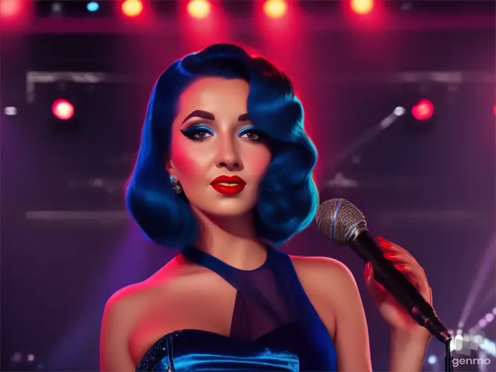 a woman in a blue dress holding a microphone