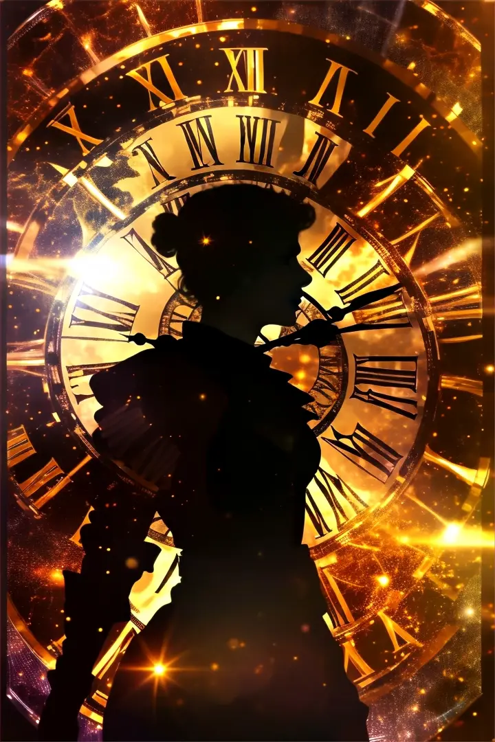 a silhouette of a woman standing in front of a clock