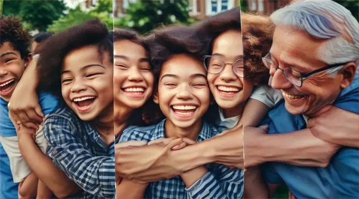A rapid sequence of different faces smiling in different contexts: a child playing in the park, a group of friends joking, an elderly person receiving a hug.  Smiles are authentic and convey joy and positivity.