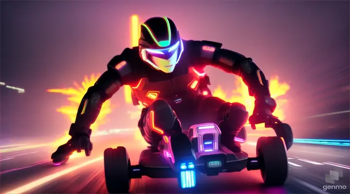 Cyberfighter in neon setting, speeding on hoverboard with fiery backdraft