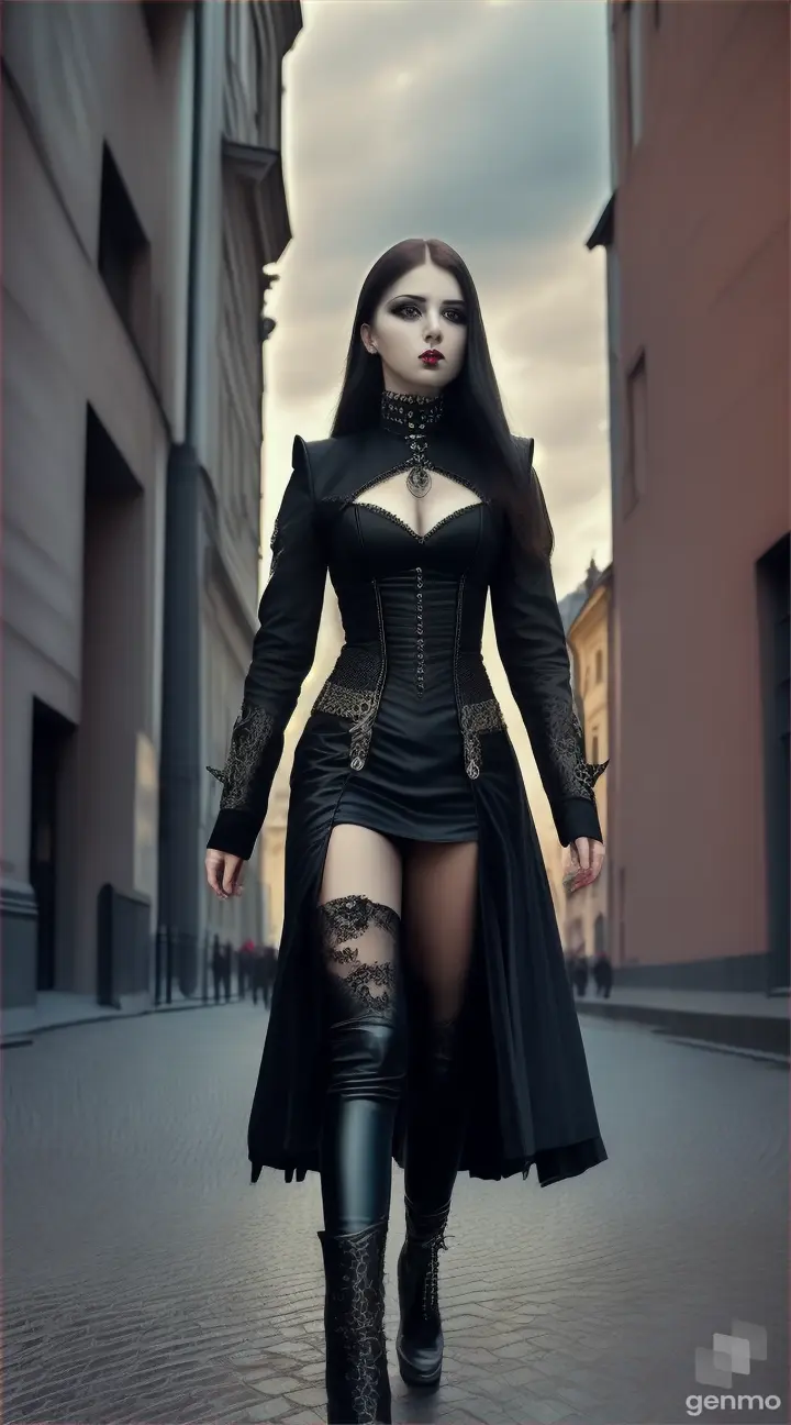 Full pose of a beautiful stylish girl wearing heavy metal gothic looks clothes walking on the Piotrkowska street, very realistic image, high details, HDR quality.