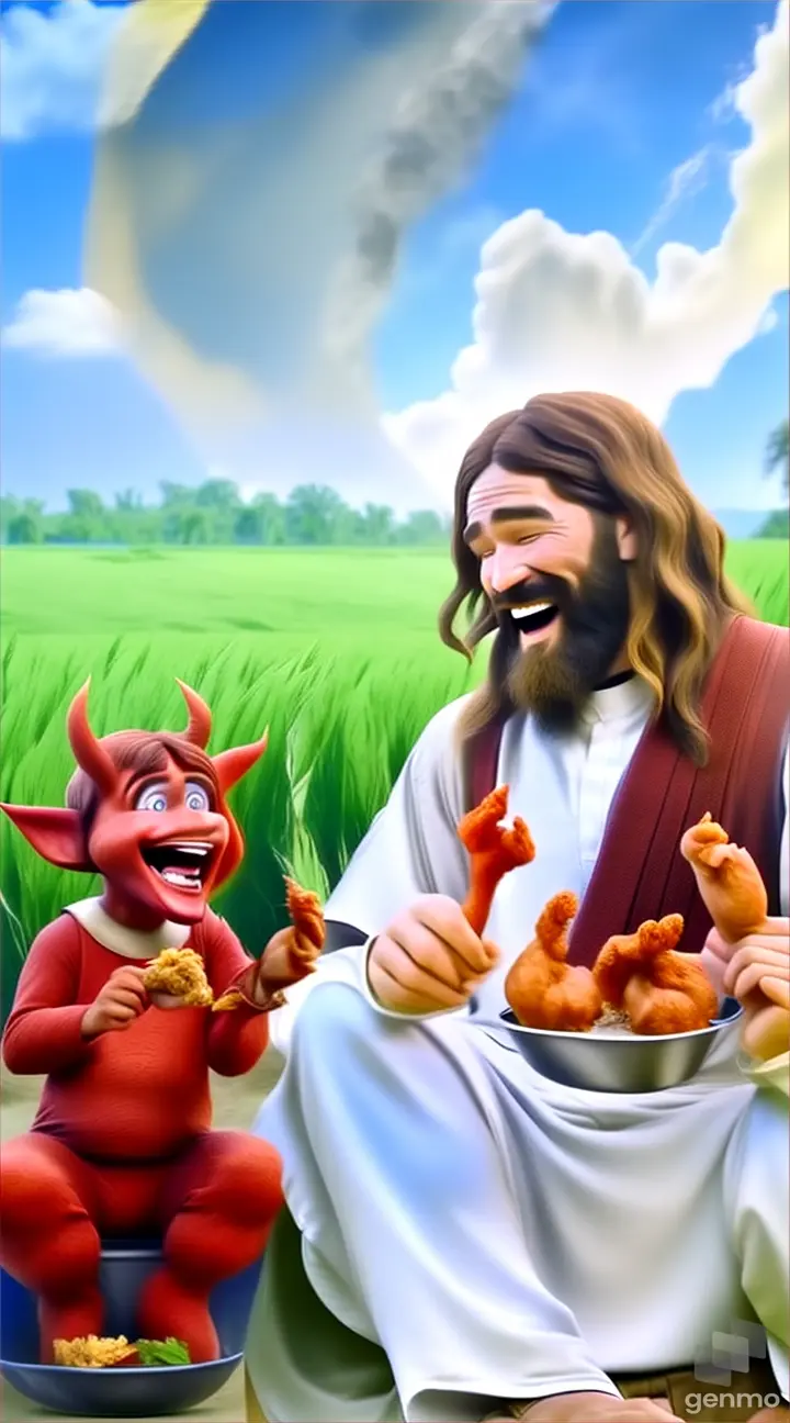 a man with a beard sitting next to a demon eating chicken