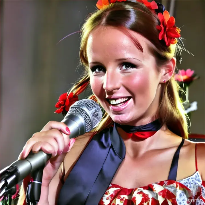 a woman with a red flower in her hair holding a microphone,spinning, dancing and singing
