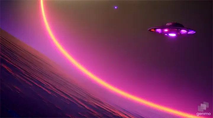 An unidentified flying object approaches a dark green alien space station with neon symbols against the backdrop of a red planet with a violet glow, 16:9