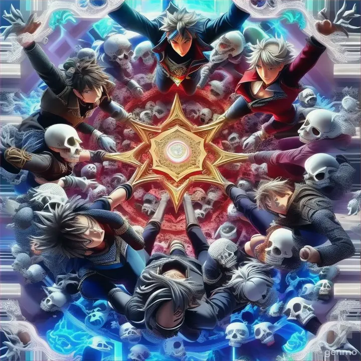 a group of anime characters surrounded by skulls