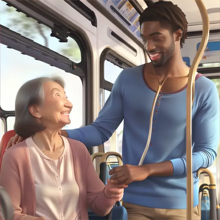 a person offering their seat on the bus to an elderly person.  The spectator's smile is an expression of appreciation for the positive gesture.