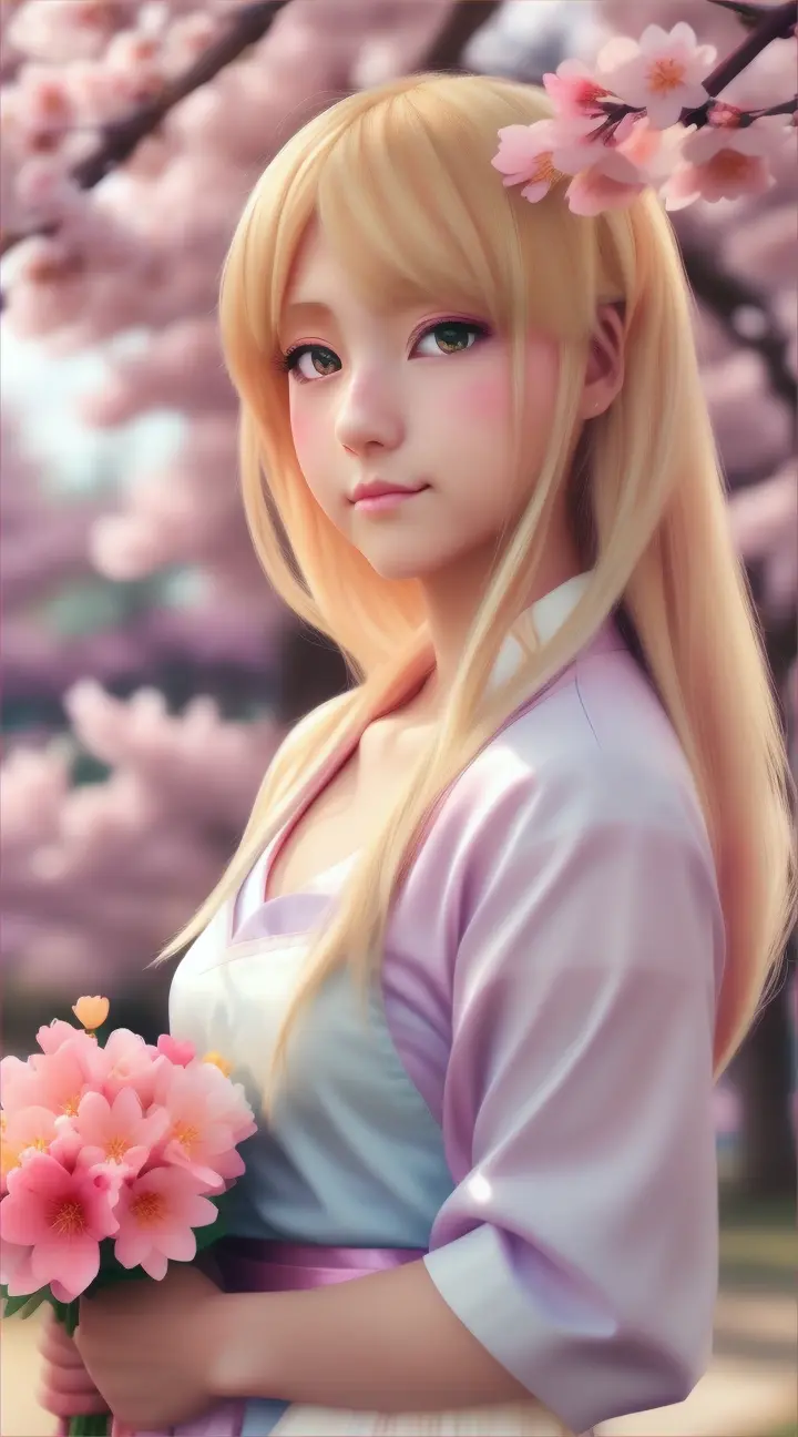 Beautiful sexy Anime girl with blond hair holding flowers, closed up, Sakura in the background