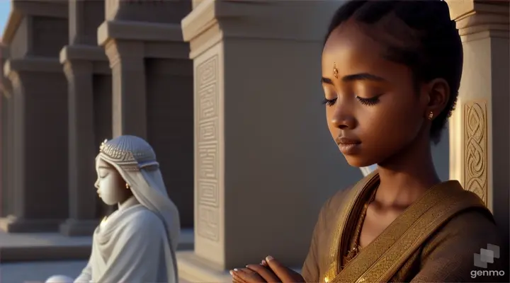 Ethiopian girl praying and listening to sanskrit mantra 