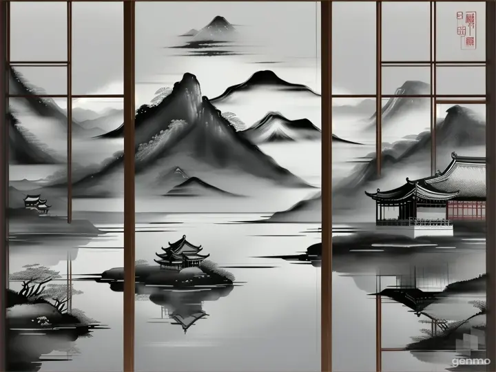 传统窗，山水，中国水墨画，毛笔简单线条勾勒