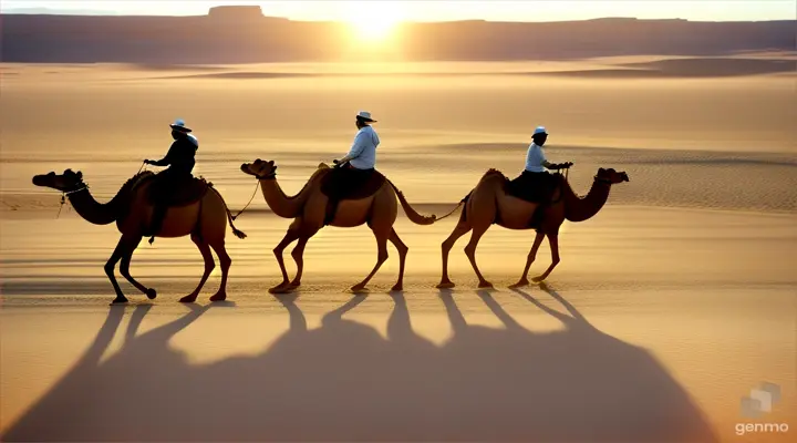 Scene 1:
[Wide shot of a caravan of camels and people traveling through a vast desert landscape. The sun is setting, casting long shadows across the sand.]